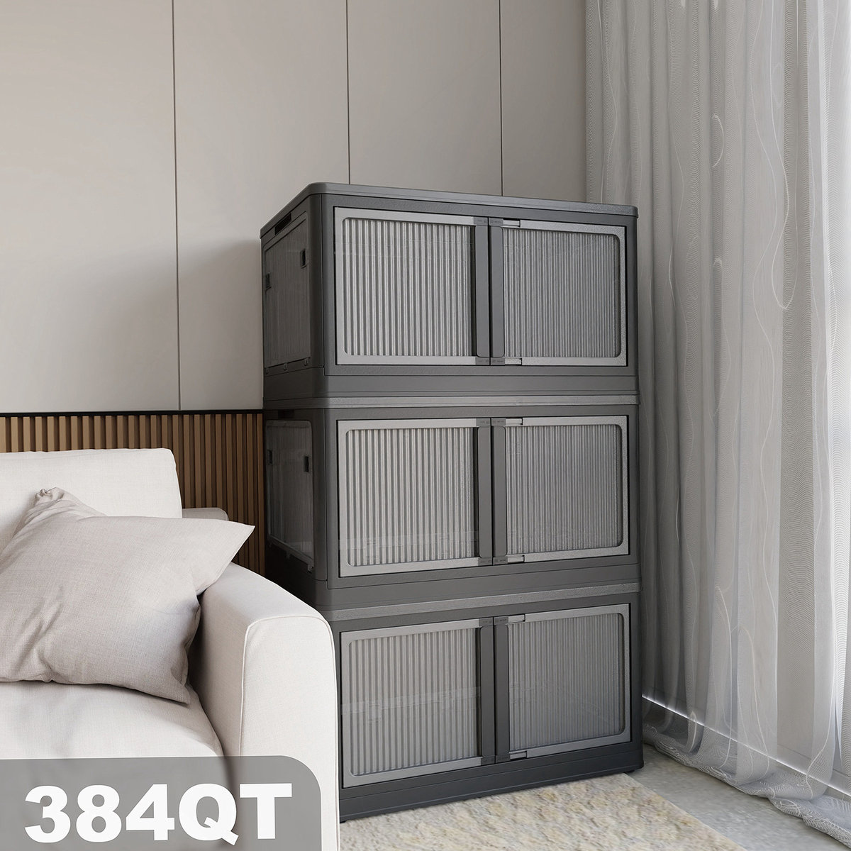 3-Pack Transparent Stackable Storage Bins with 5 Doors to Open with Wheels, Folding Plastic Craft Containers Large Closet Organizers Box